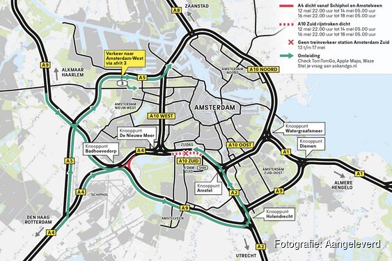 13 - 17 mei: geen treinen naar Amsterdam Zuid; A4 en A10 Zuid deels dicht tussen 12 en 18 mei