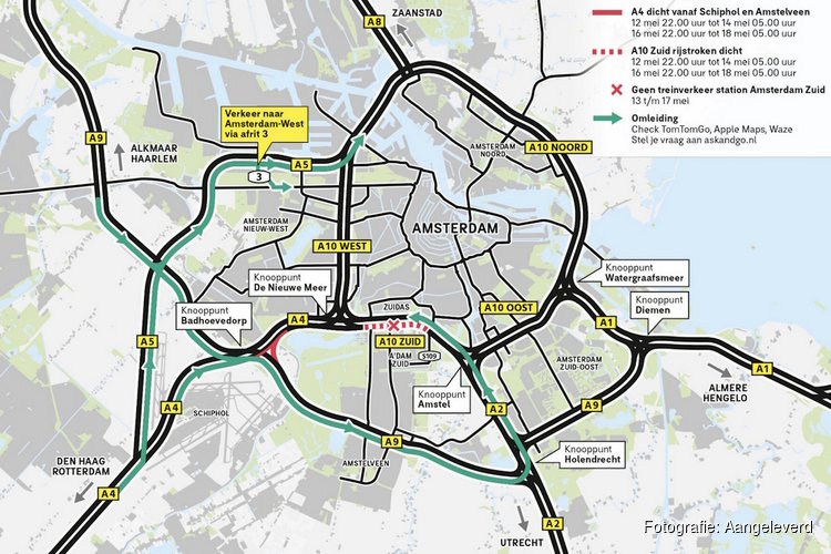 13 - 17 mei: geen treinen naar Amsterdam Zuid; A4 en A10 Zuid deels dicht tussen 12 en 18 mei